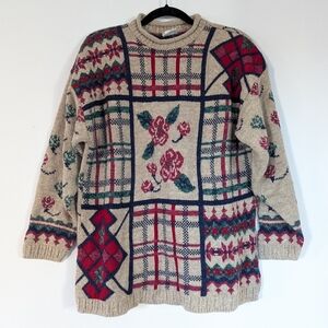 Vintage 90s Knit Mock neck Granny Sweater with Patch Roses Sz M Plaid Fair Isle